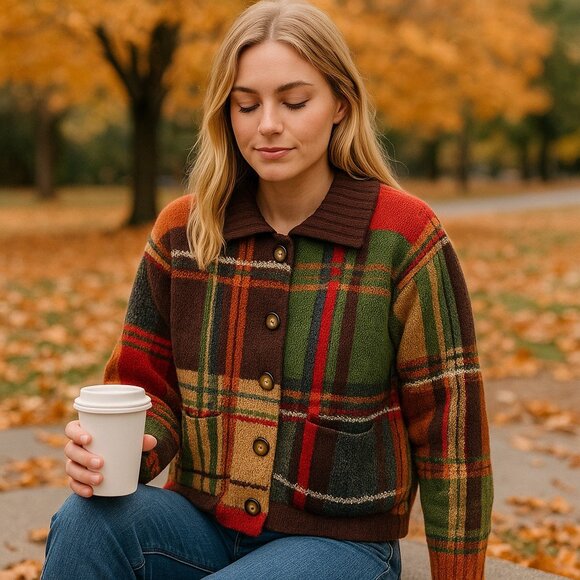 Knitting Needles Vintage Plaid Cardigan Multi-Color Size M – Cozy Retro - Picture 1 of 14